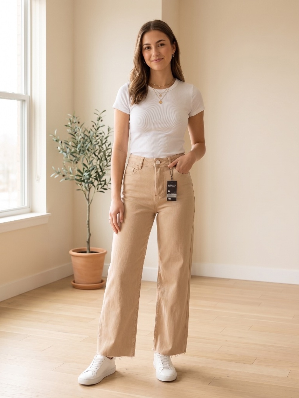 NWT Primark Denim Co. High Waist Wide Leg Raw Hem Jeans Stone Neutral -- Size 4